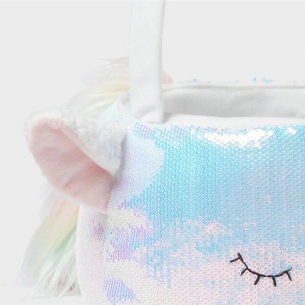 Spritz Iridescent‎ Sequin Unicorn Easter Basket White Pink Glitter Horn NWT
